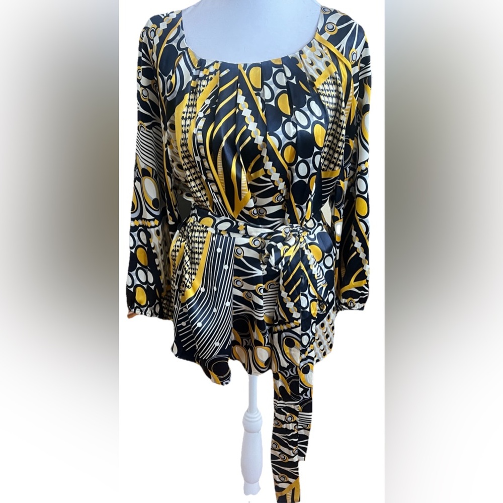 PETER NYGARD Navy Blue + Yellow Swirly Abstract Belted 100% Silk Tunic Top Sz 14